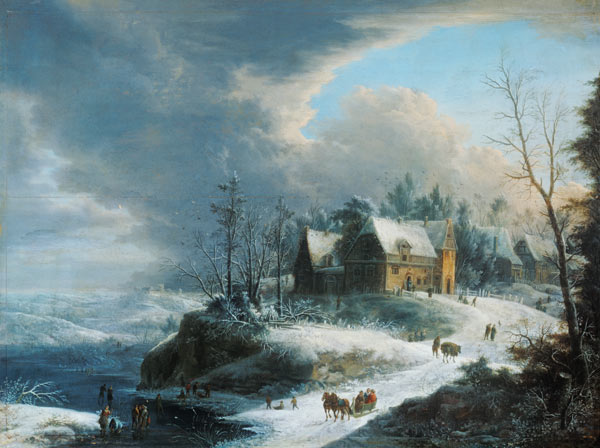 Winterlandschaft mit einem Dörfchen über einem gefrorenen Fluss. von Johann Christian Vollerdt