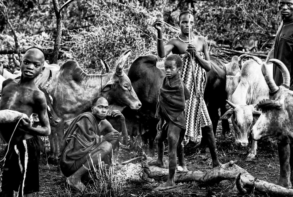 Surma tribe people taking care of the cattle. von Joxe Inazio Kuesta Garmendia