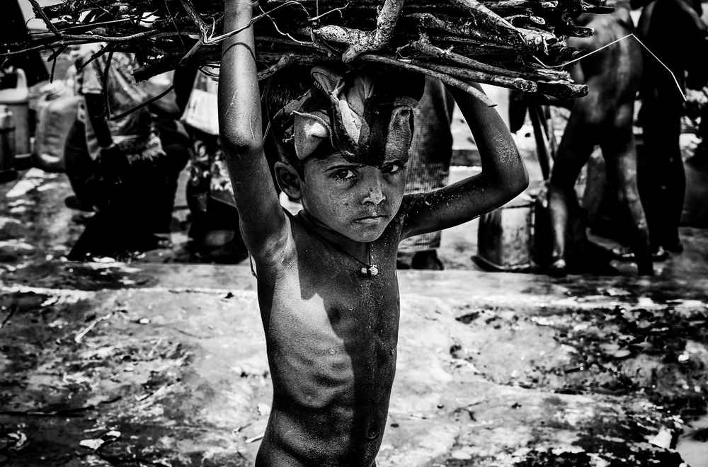 Rohingya refugee child carrying some wood to make fire - Bangaldesh von Joxe Inazio Kuesta Garmendia