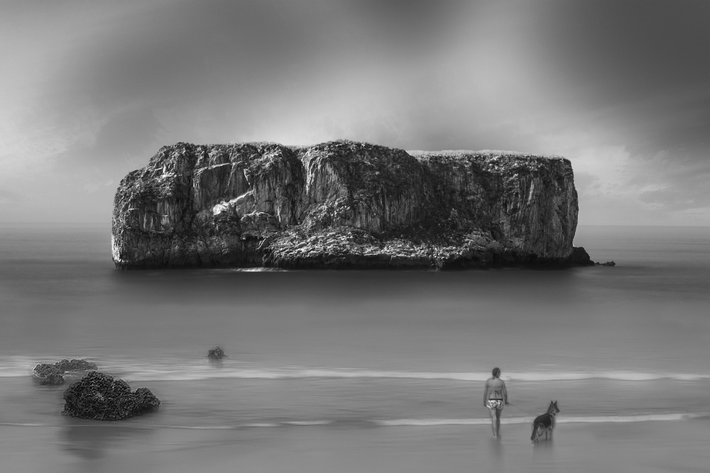 Woman, dog and rock. von Juan Antonio Palacios