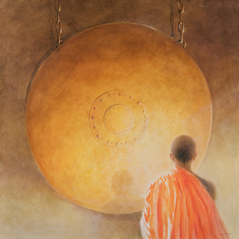 Young Buddhist Monk and Gong, Bhutan von Lincoln  Seligman