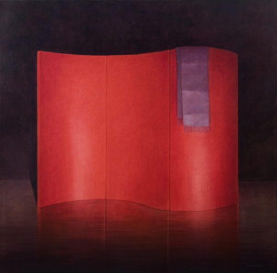 Curving red lacquer screen von Lincoln  Seligman