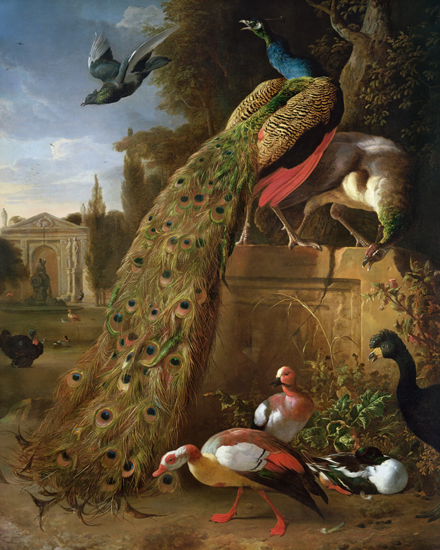 Peacock and a Peahen on a Plinth, with Ducks and Other Birds in a Park von Melchior de Hondecoeter