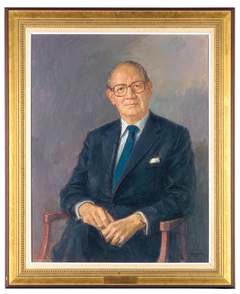 Portrait of Lord Aldington, seated wearing a dark suit von Michael Noakes