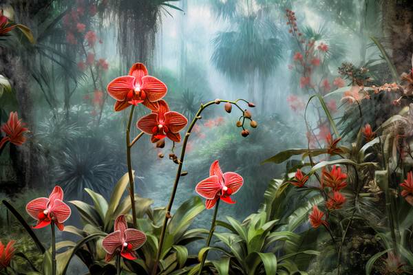 Rote Orchideen im Regenwald, Tropischer Regenwald, Blumen, Traumhafte Natur von Miro May