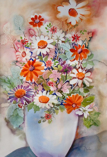 White vase with daisies von Neela Pushparaj