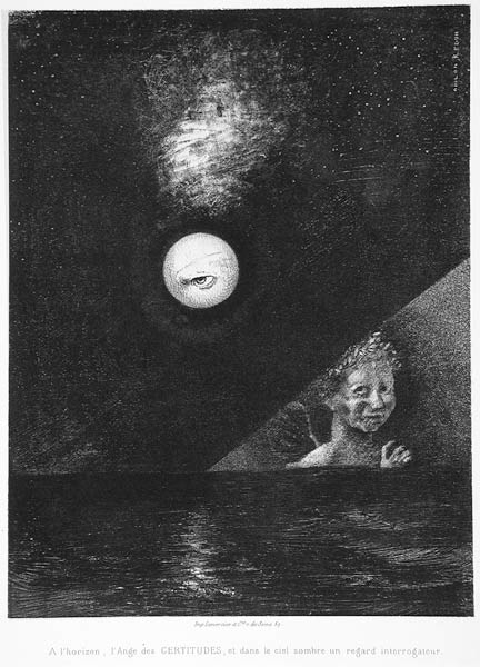 Am Horizont der Engel der Gewissheit und, im dunklen Himmel, ein fragender Blick. Serie: Für Edgar P von Odilon Redon