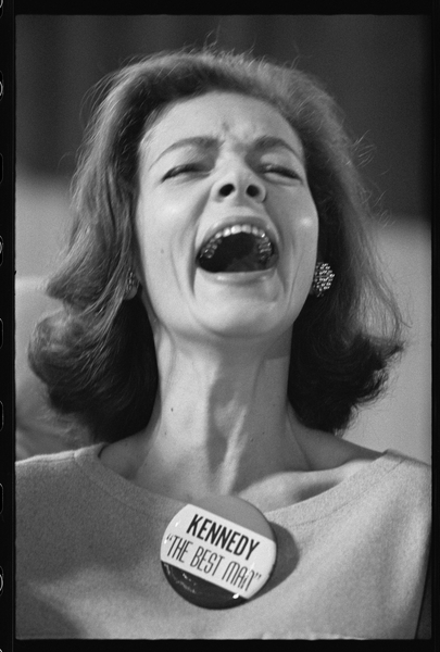 Lauren Bacall wearing Kennedy The Best Man pin badge on election night von Orlando Suero