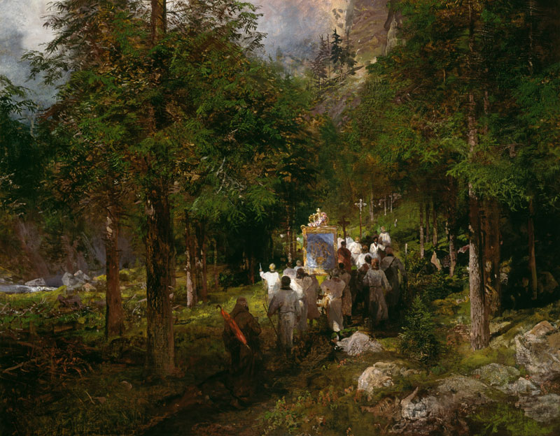 Prozession im Lärchenwald. von Oswald Achenbach