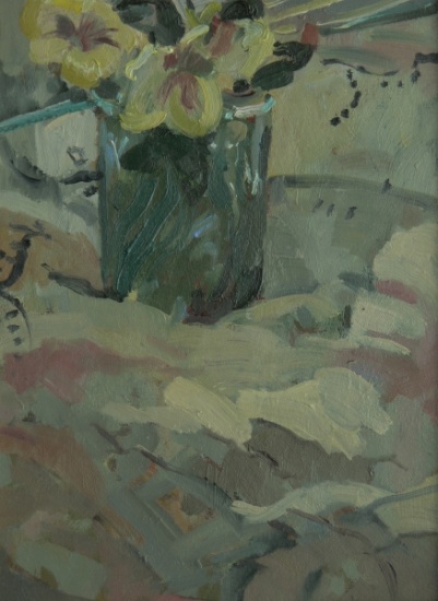 Yellow flowers in green pot von  Pat  Maclaurin