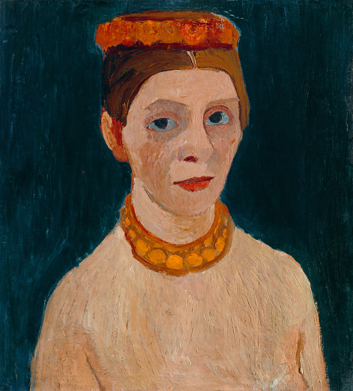 Selbstbildnis mit rotem Blütenkranz und Kette. von Paula Modersohn-Becker