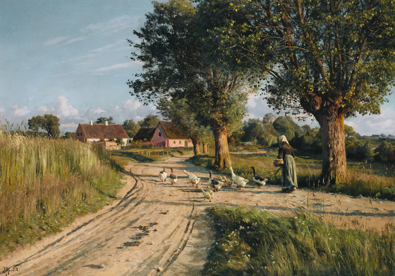 Bäuerin mit Gänsen auf dem abendlichen Heimweg von Peder Mørk Mønsted