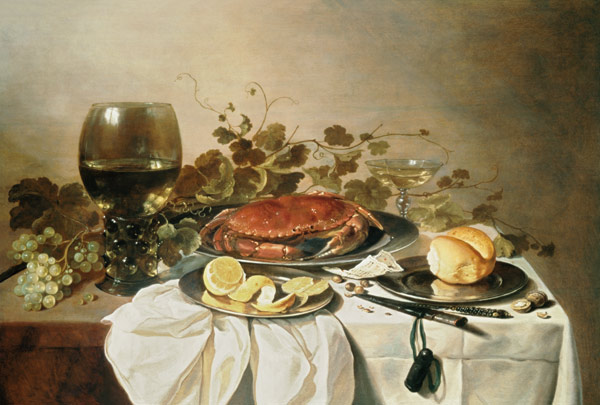 Breakfast still life with roemer and a crab von Pieter Claesz