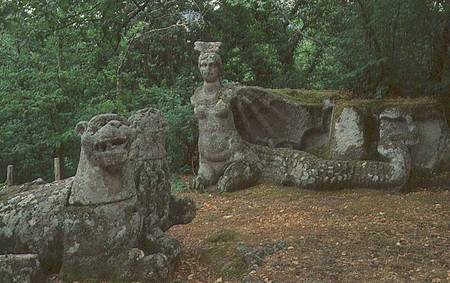 Lions and fantastical creatures, sculptures from the garden of the Villa delle Meraviglie von Pirro  Ligorio