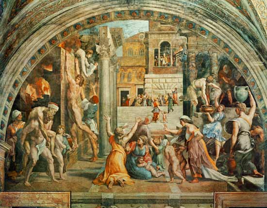 Fire in the Borgo from the 'Stanza dell'Incendio' (Hall of the Fire) von Raffael - Raffaello Santi