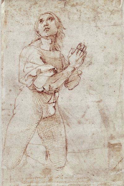 Figurenstudie eines betenden jungen Mannes. Zeichnung von Raffael - Raffaello Santi