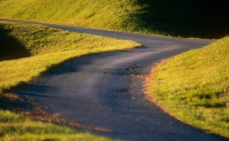 kurvige Bergstrasse durch eine grüne Wiese im Abendlicht