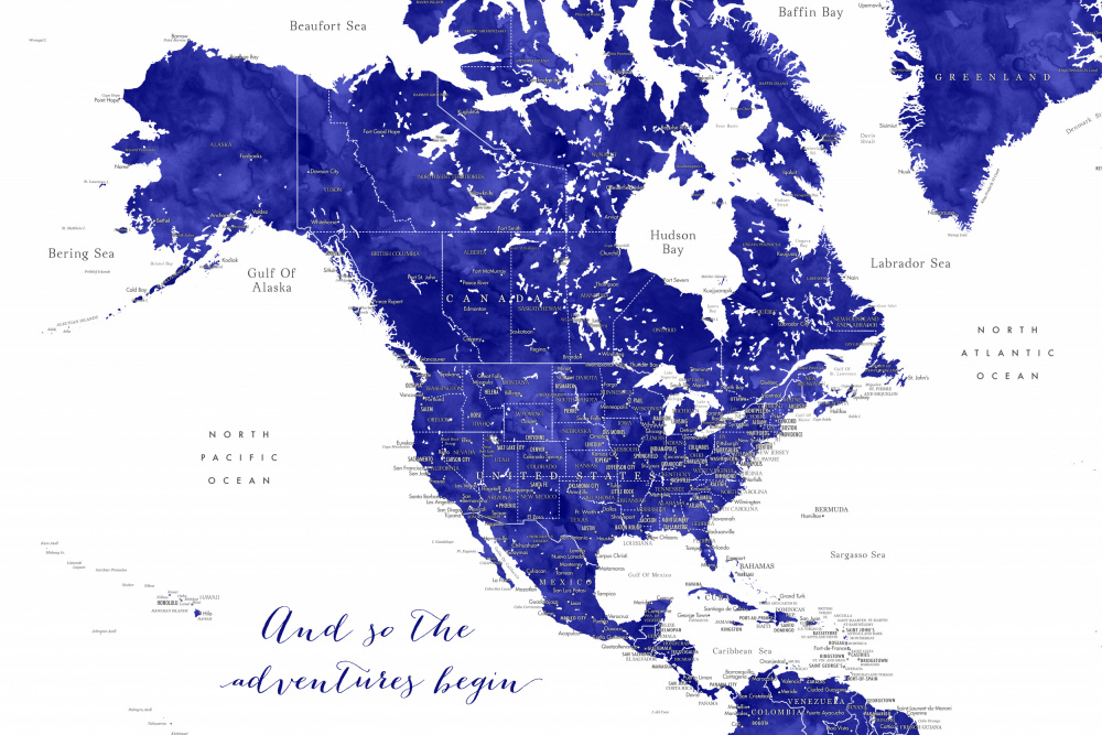 Adventure map of North America in cobalt blue von Rosana Laiz Blursbyai