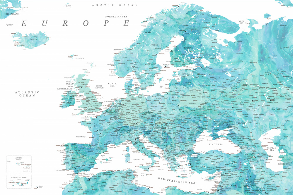 Aquamarine detailed map of Europe von Rosana Laiz Blursbyai