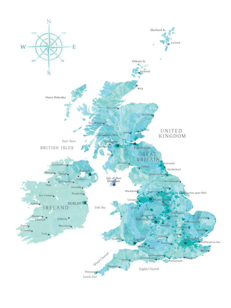 Aquamarine watercolor map of the United Kingdom von Rosana Laiz Blursbyai