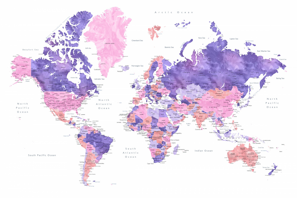 Watercolor world map with cities, Brandie von Rosana Laiz Blursbyai