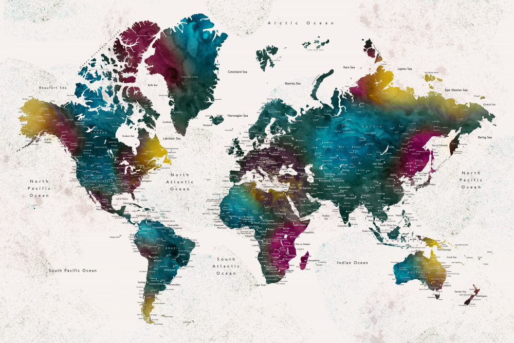 Watercolor world map with cities, Charleena von Rosana Laiz Blursbyai