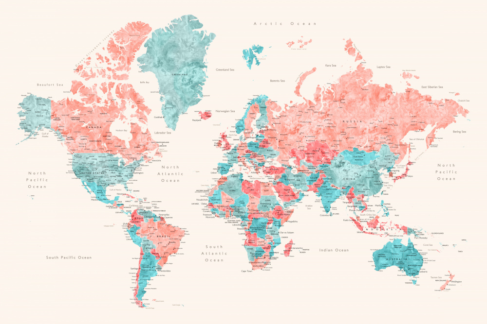 Watercolor world map with cities, Charlotte von Rosana Laiz Blursbyai