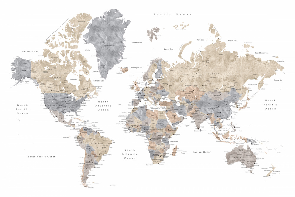 Watercolor world map with cities, Gouri von Rosana Laiz Blursbyai