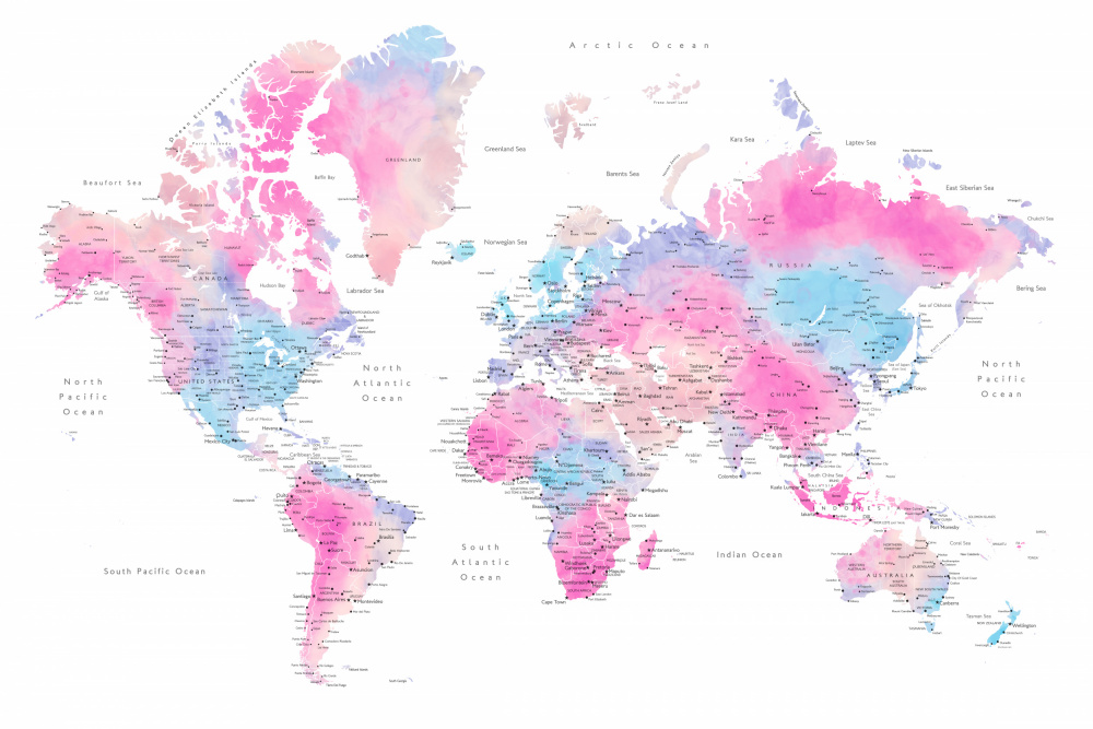 Watercolor world map with cities, Keahi von Rosana Laiz Blursbyai