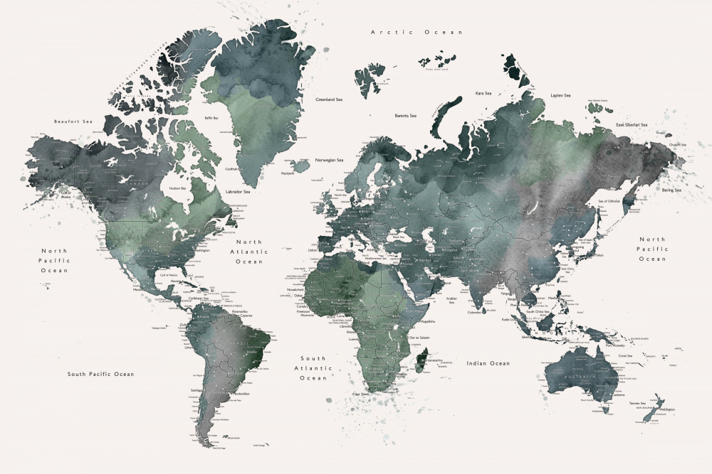 Watercolor world map with cities, Makoa von Rosana Laiz Blursbyai