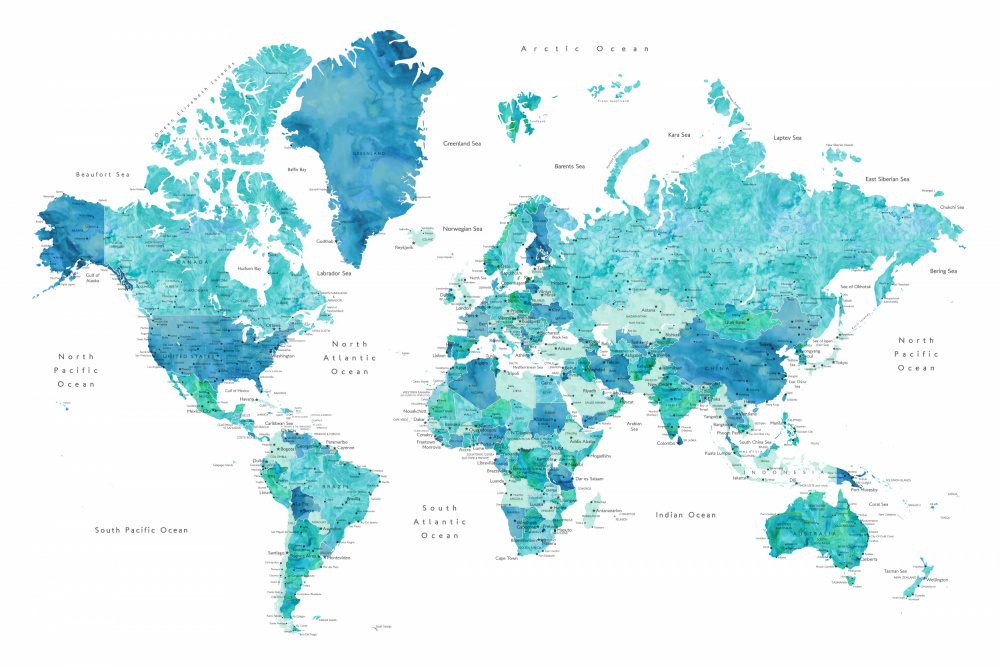 Watercolor world map with cities, Uzziel von Rosana Laiz Blursbyai