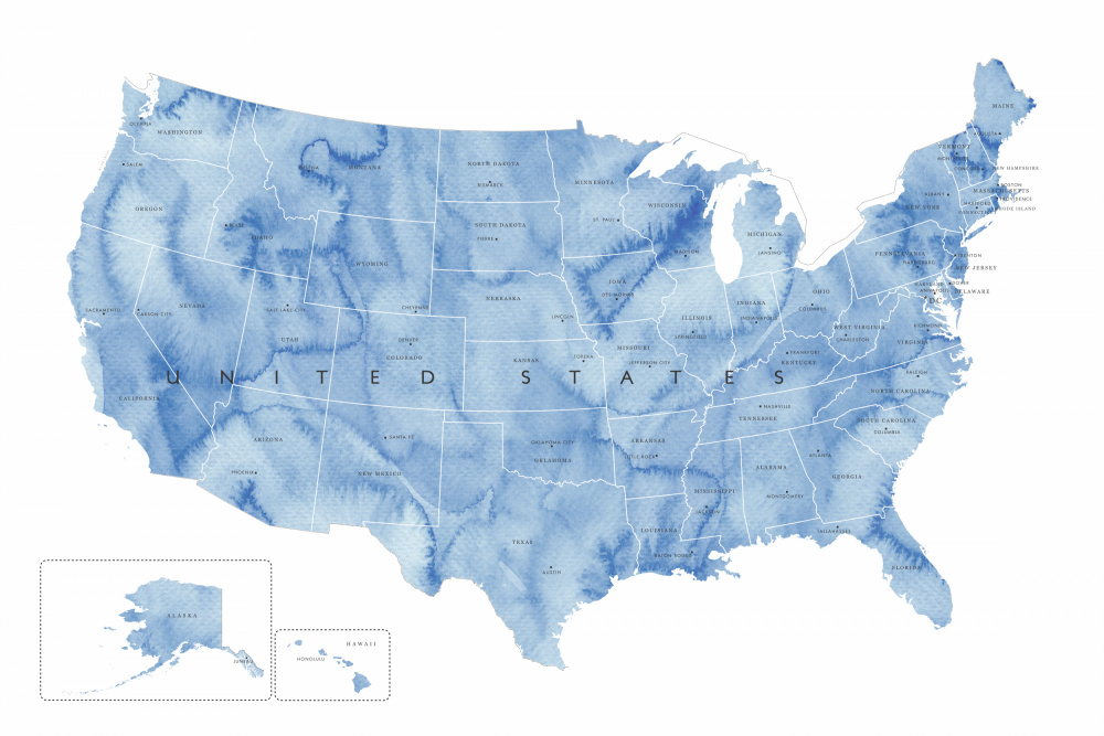 Blue watercolor map of the USA with states and state capitals von Rosana Laiz Blursbyai