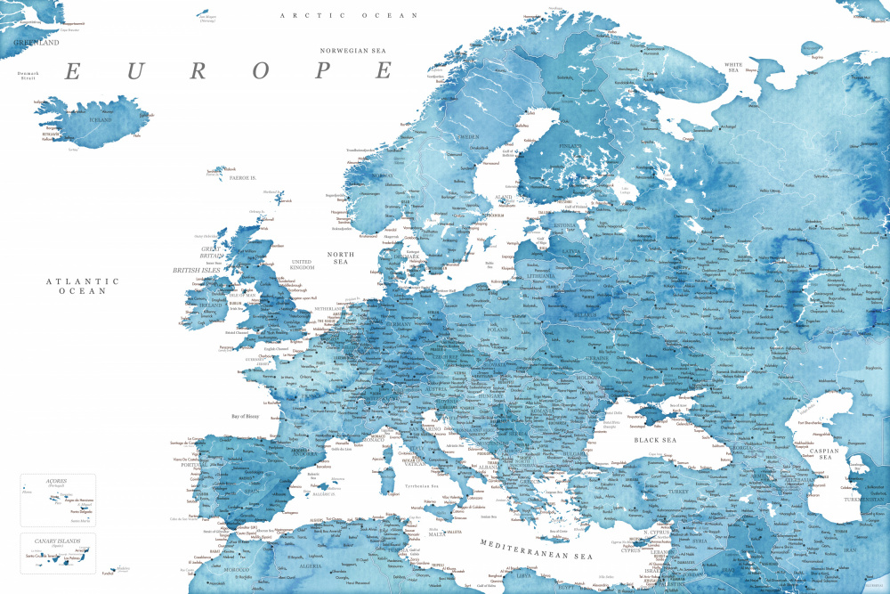 Blue detailed map of Europe von Rosana Laiz Blursbyai