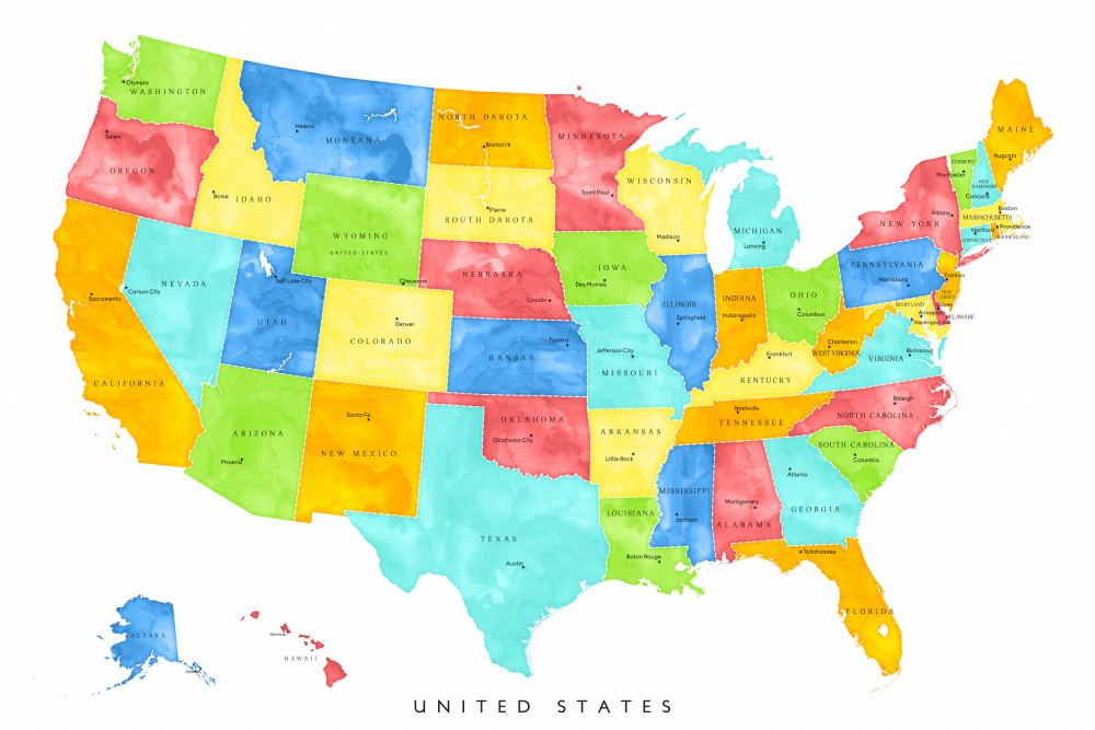 Colorful map of the United States with States and State capitals von Rosana Laiz Blursbyai