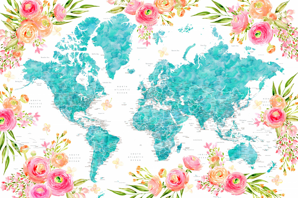 Detailed floral world map with cities, Haven von Rosana Laiz Blursbyai