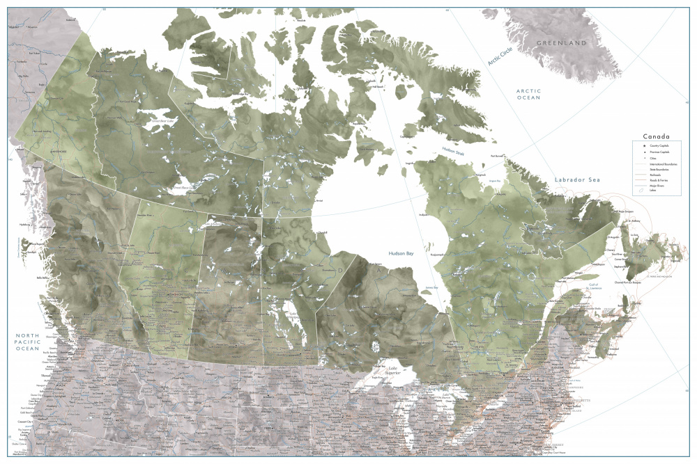 Detailed map of Canada in green watercolor von Rosana Laiz Blursbyai