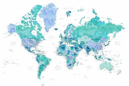 Detailed world map with cities, Caribbean waters