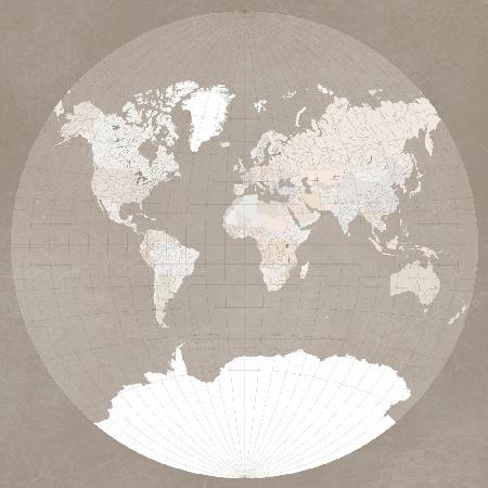 The world map in a circle, muted brown