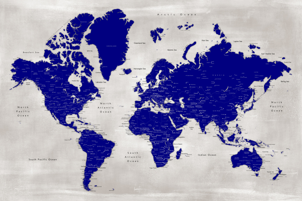 Distressed world map with cities, Delaney von Rosana Laiz Blursbyai