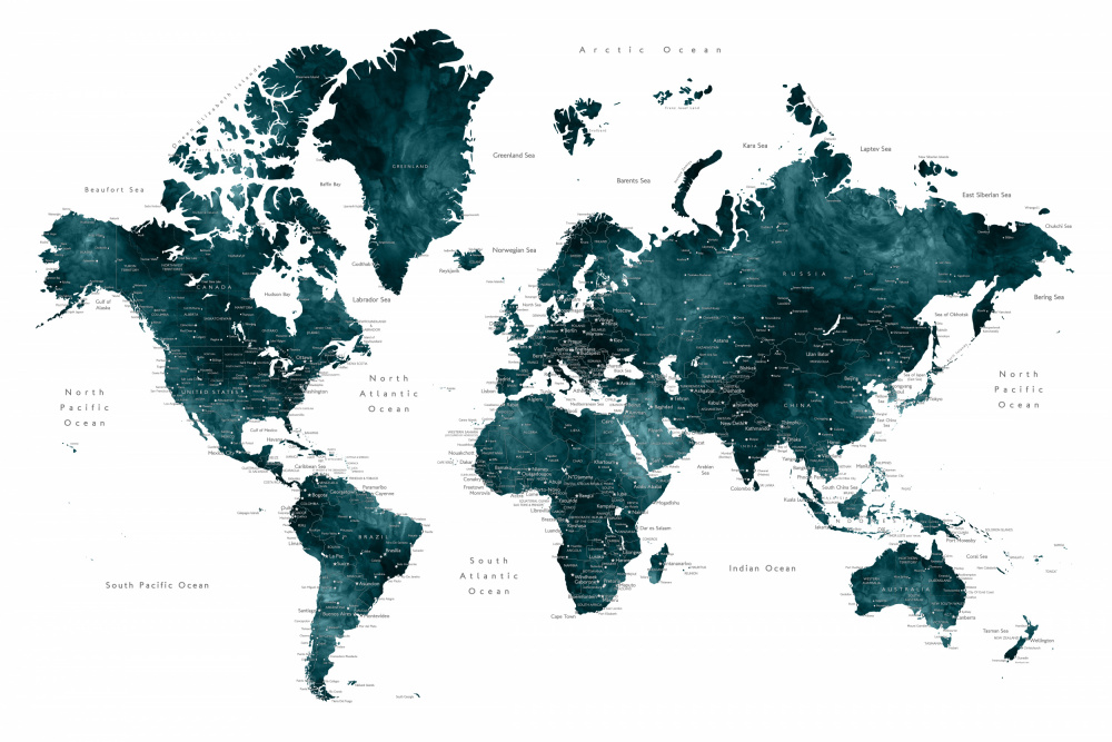 Dark teal world map with cities, Makani von Rosana Laiz Blursbyai