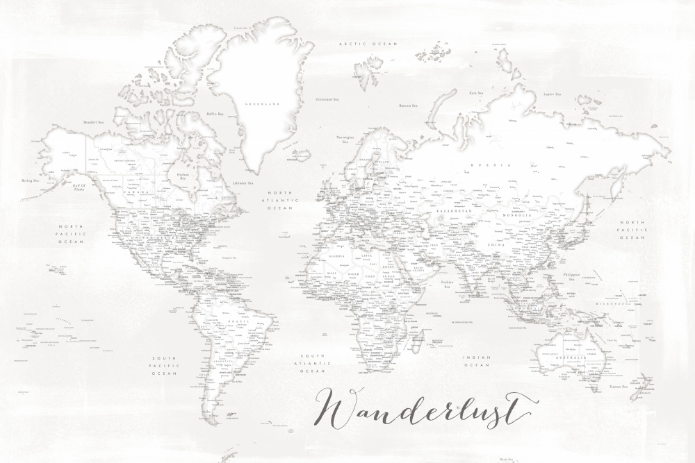 Wanderlust, detailed world map with cities, Maeli white von Rosana Laiz Blursbyai