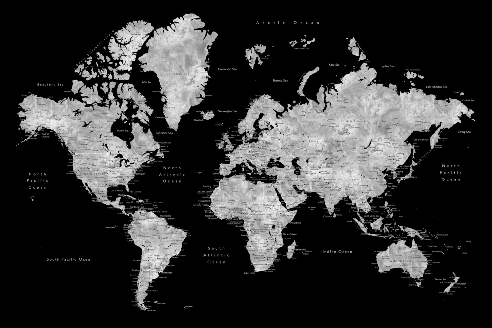 Gray world map with cities, Baibah von Rosana Laiz Blursbyai