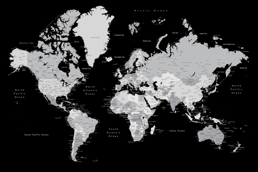 Gray world map with cities, Joseph von Rosana Laiz Blursbyai