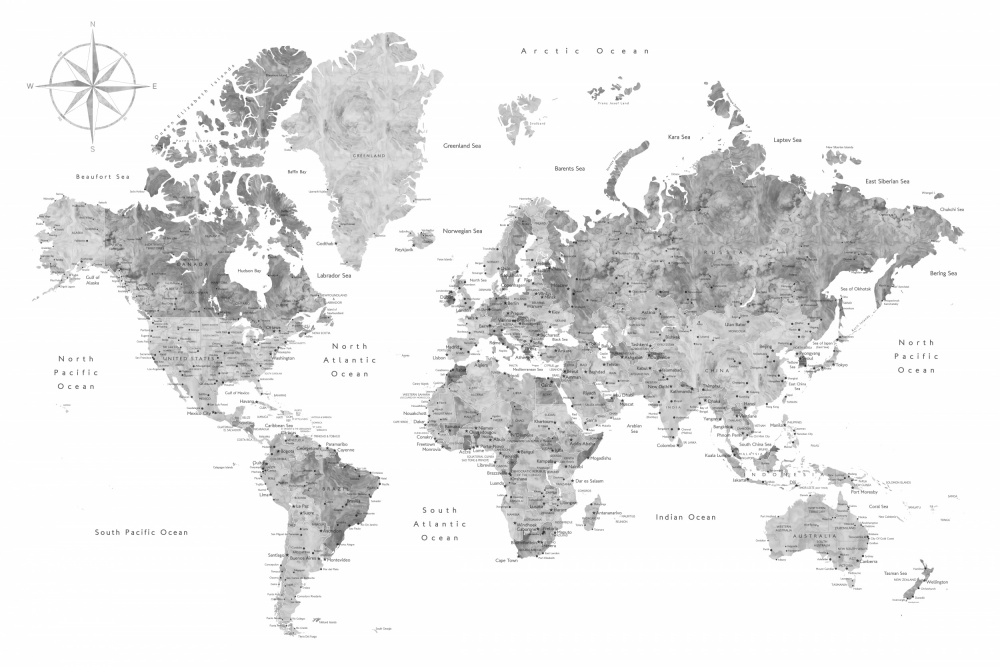 Grayscale watercolor world map with cities, Rylan von Rosana Laiz Blursbyai