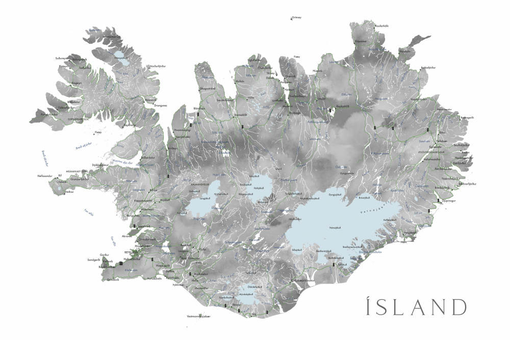 Island - Iceland map in gray watercolor with native labels von Rosana Laiz Blursbyai