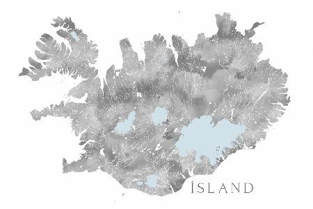 Ísland - Iceland blank map in gray watercolor