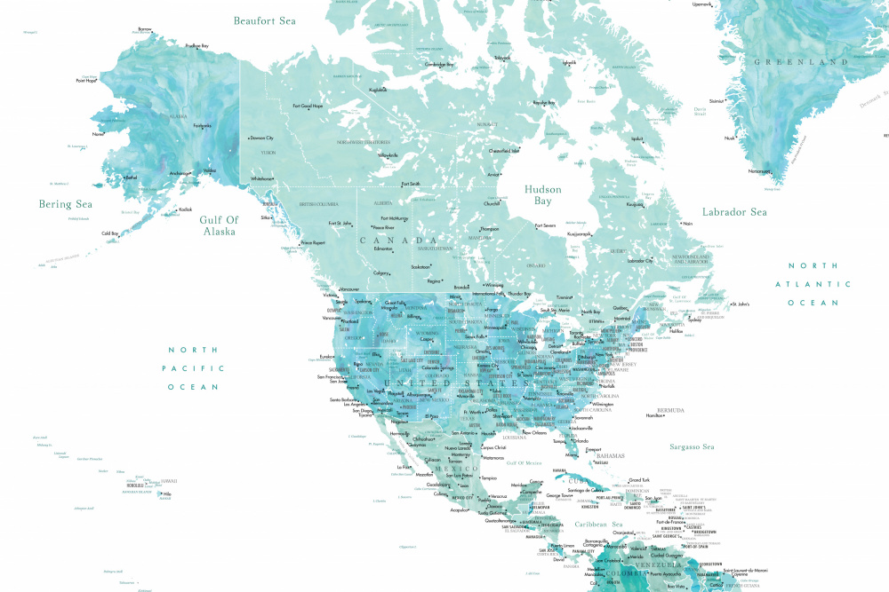 Map of North America in aquamarine watercolor von Rosana Laiz Blursbyai