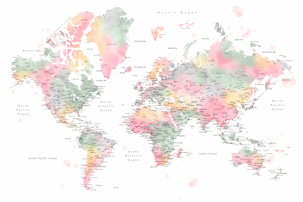 Pastel watercolor world map with cities, Anjah von Rosana Laiz Blursbyai