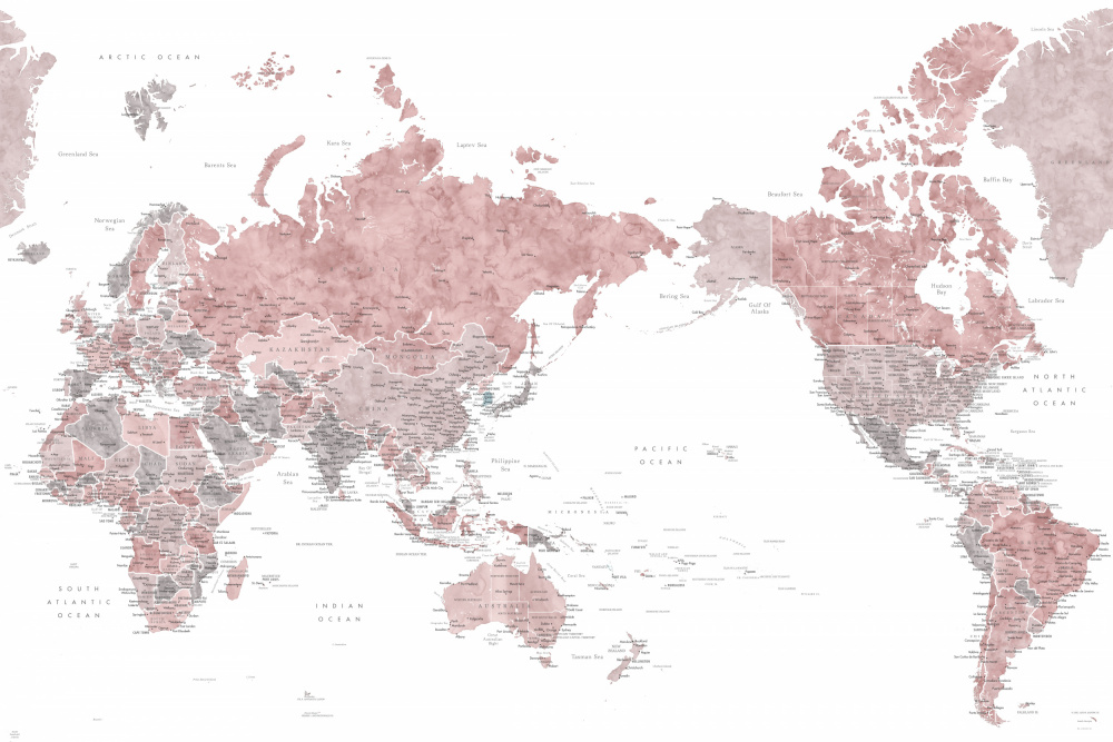 Pacific centered world map in dusty pink von Rosana Laiz Blursbyai