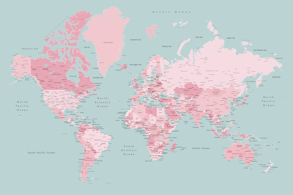 Pink and aqua world map with cities, Isobel von Rosana Laiz Blursbyai